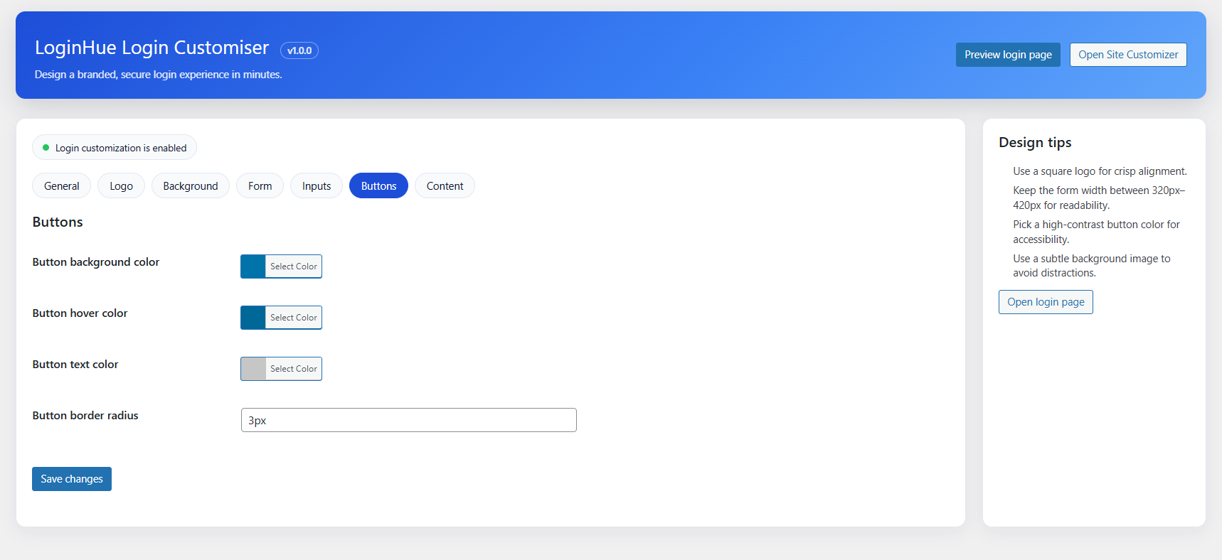 Login Customizer Inputs section settings