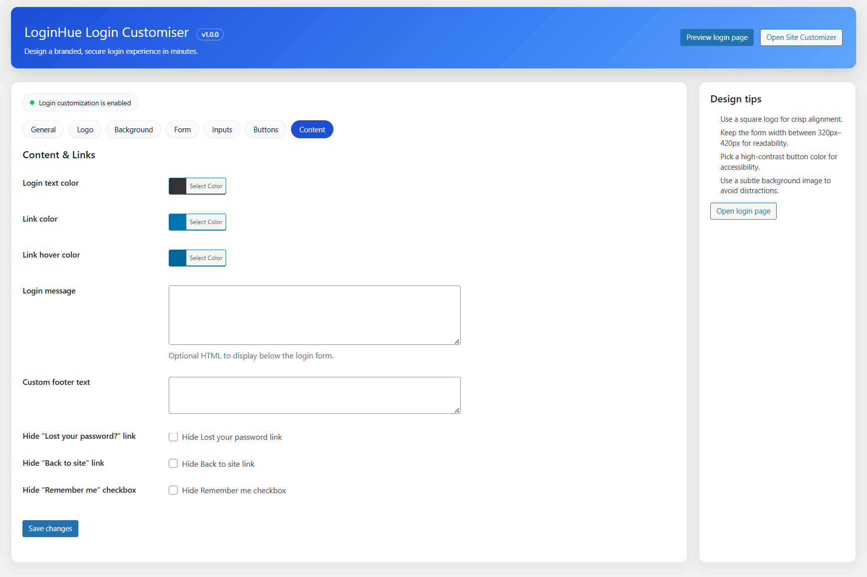 Login Customizer Content section settings
