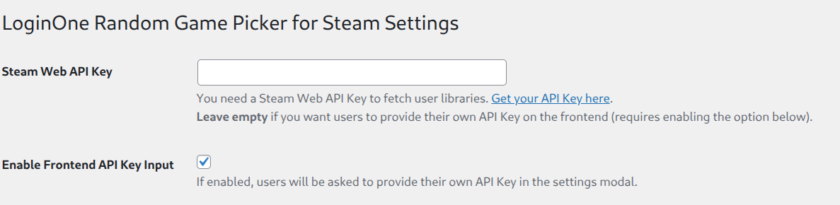 Admin settings - The backend configuration panel for setting a global Steam Web API Key or enabling frontend input.