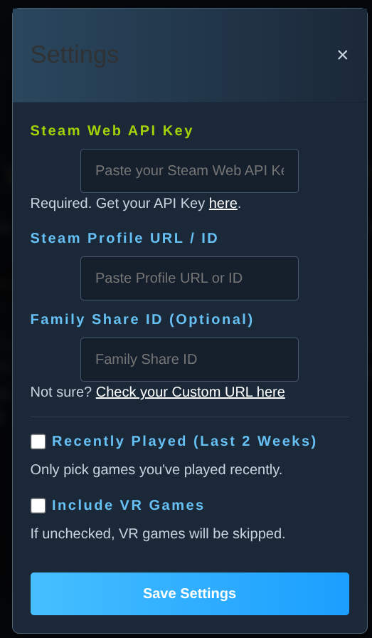User settings modal - A frontend popup allowing users to provide their own API Key and customize their search preferences.
