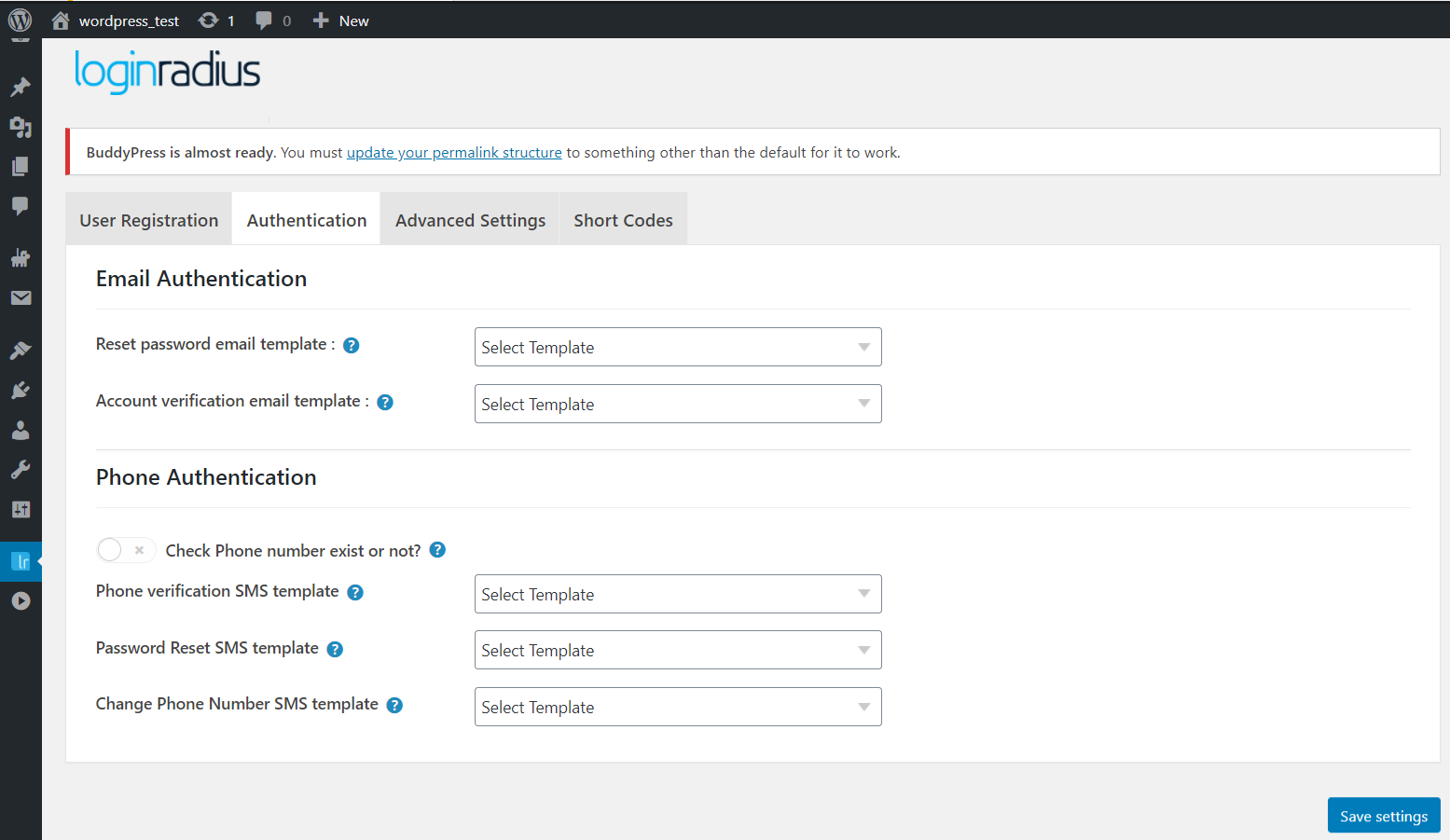 **User Registration Settings**: