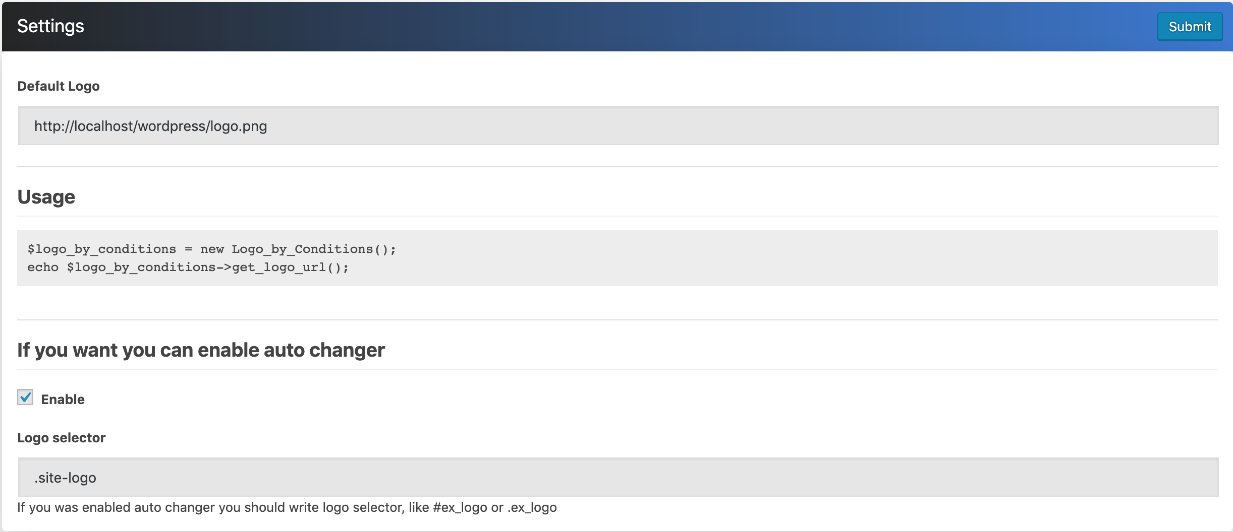 Settings page