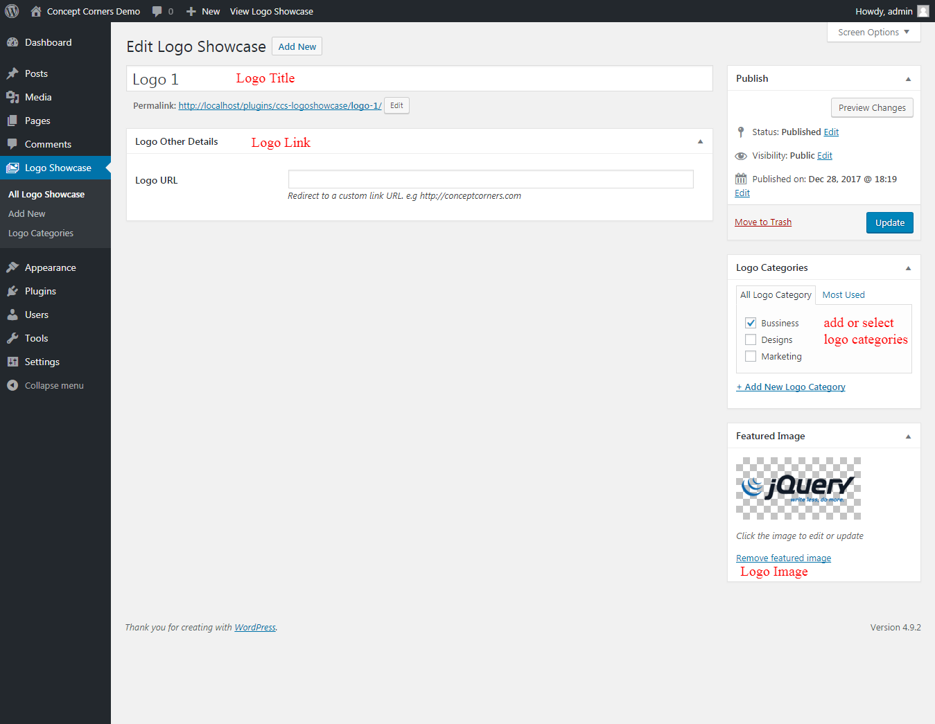 Add Logo item where you can add Logo, Logo title, Logo category, and Logo custom link.