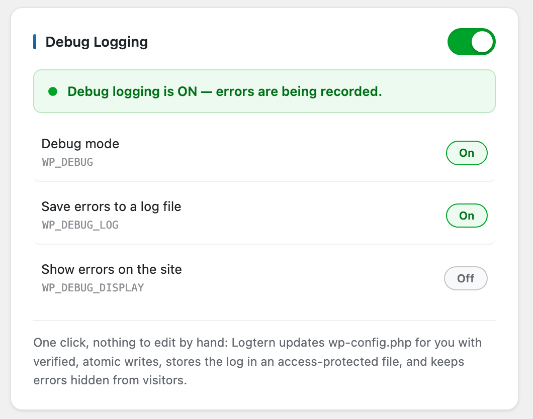 The debug logging switch with per-constant status pills.