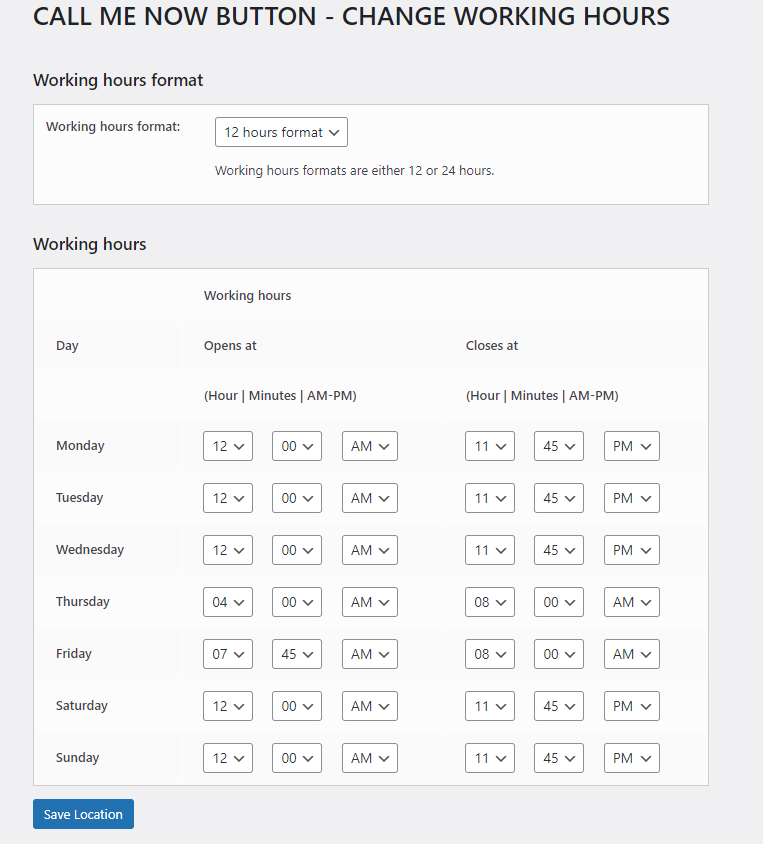 Call me now plugin business opening hours settings