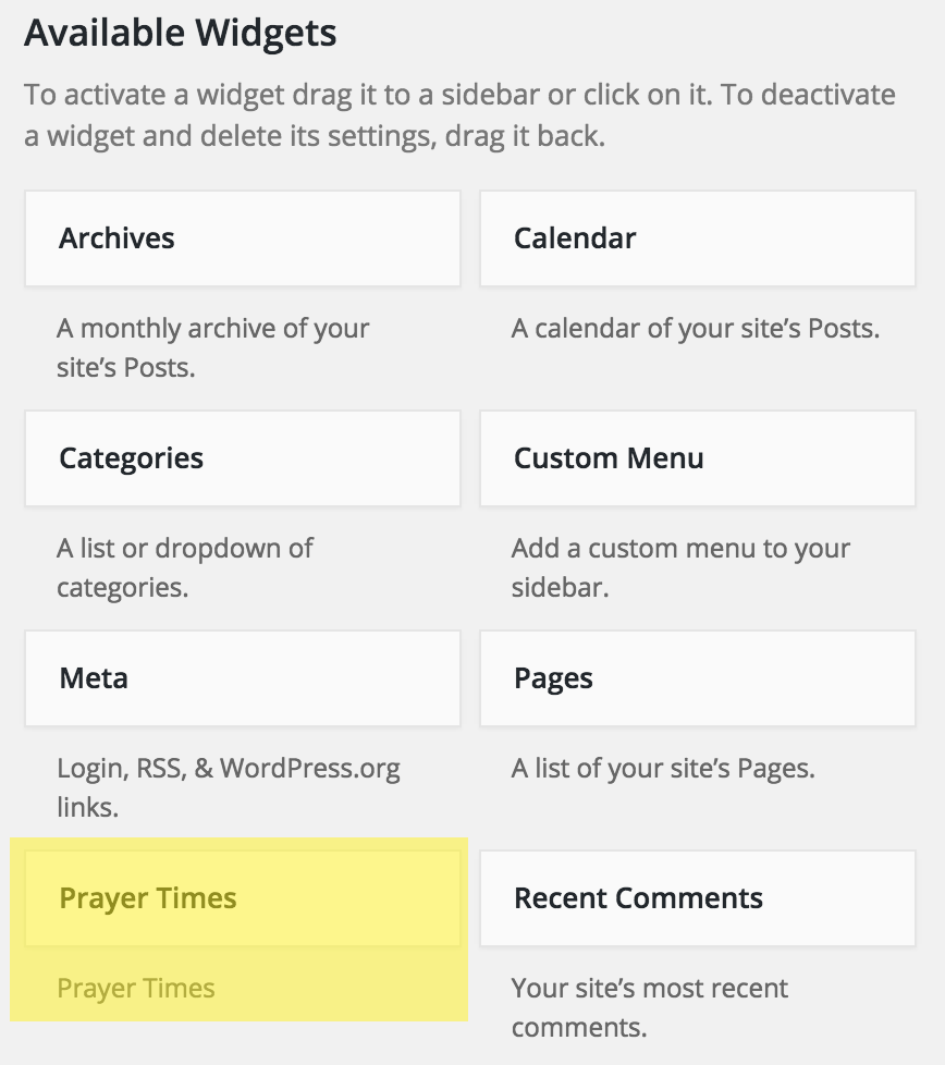 The prayer times widget can now be dragged into your sidebar.