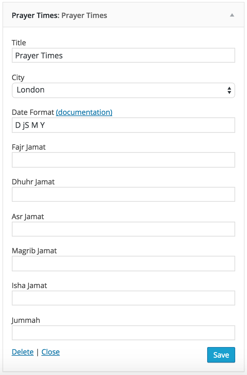 The widget dropdown menu allows you to override the default Jama'ah times.