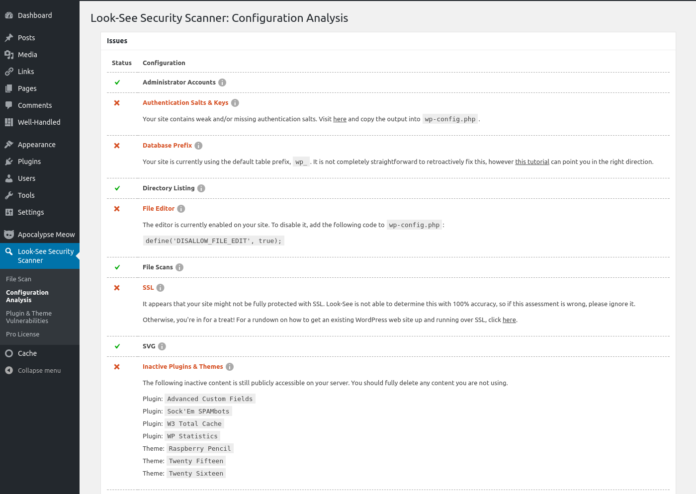 Configuration analysis, offering suggestions to improve site security.
