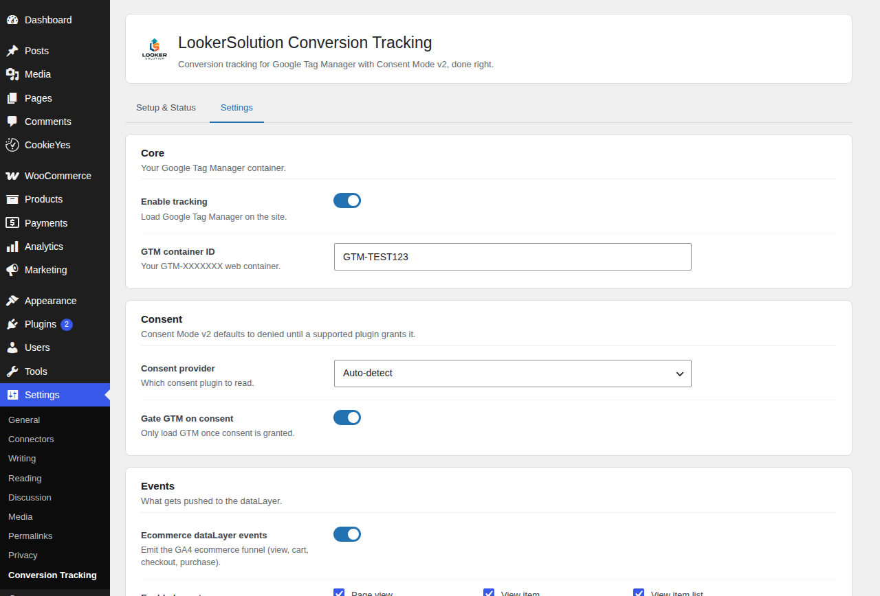 Settings: container, consent provider, and event selection.