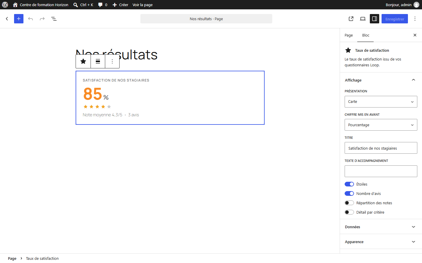 Satisfaction rate: card layout with rating distribution and criteria.