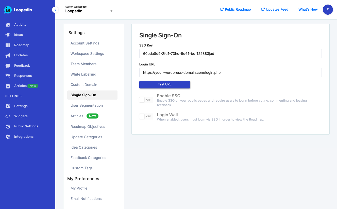 SSO settings page within LoopedIn. Navigate to Settings > Single Sign-On.