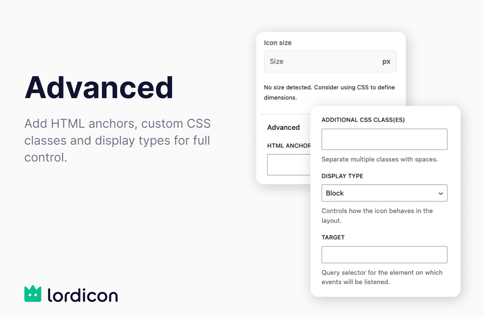 Add HTML anchors, extra CSS classes, display options, and animation controls for deeper customization.