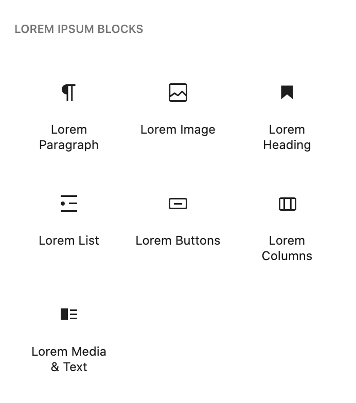 List of "Lorem Ipsum Blocks" in Block Inserter