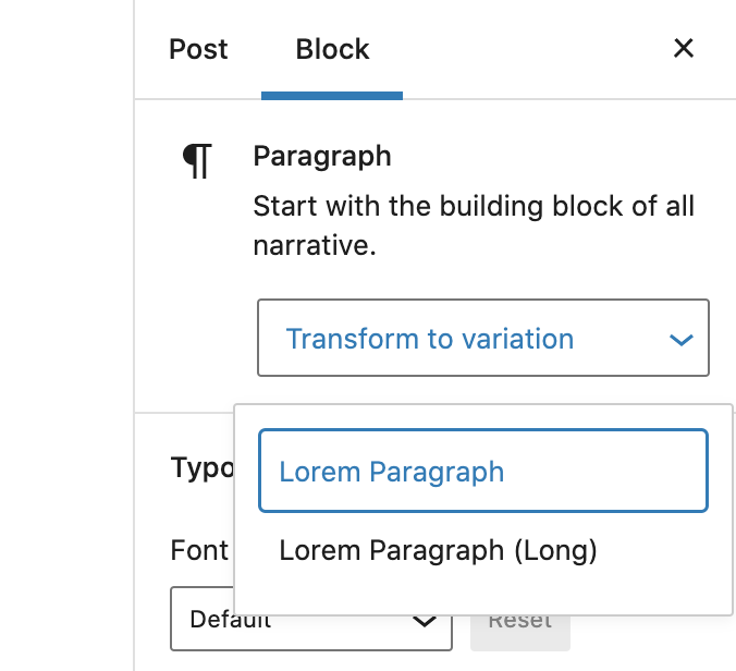 Variation conversion menu for "Lorem Paragraph"