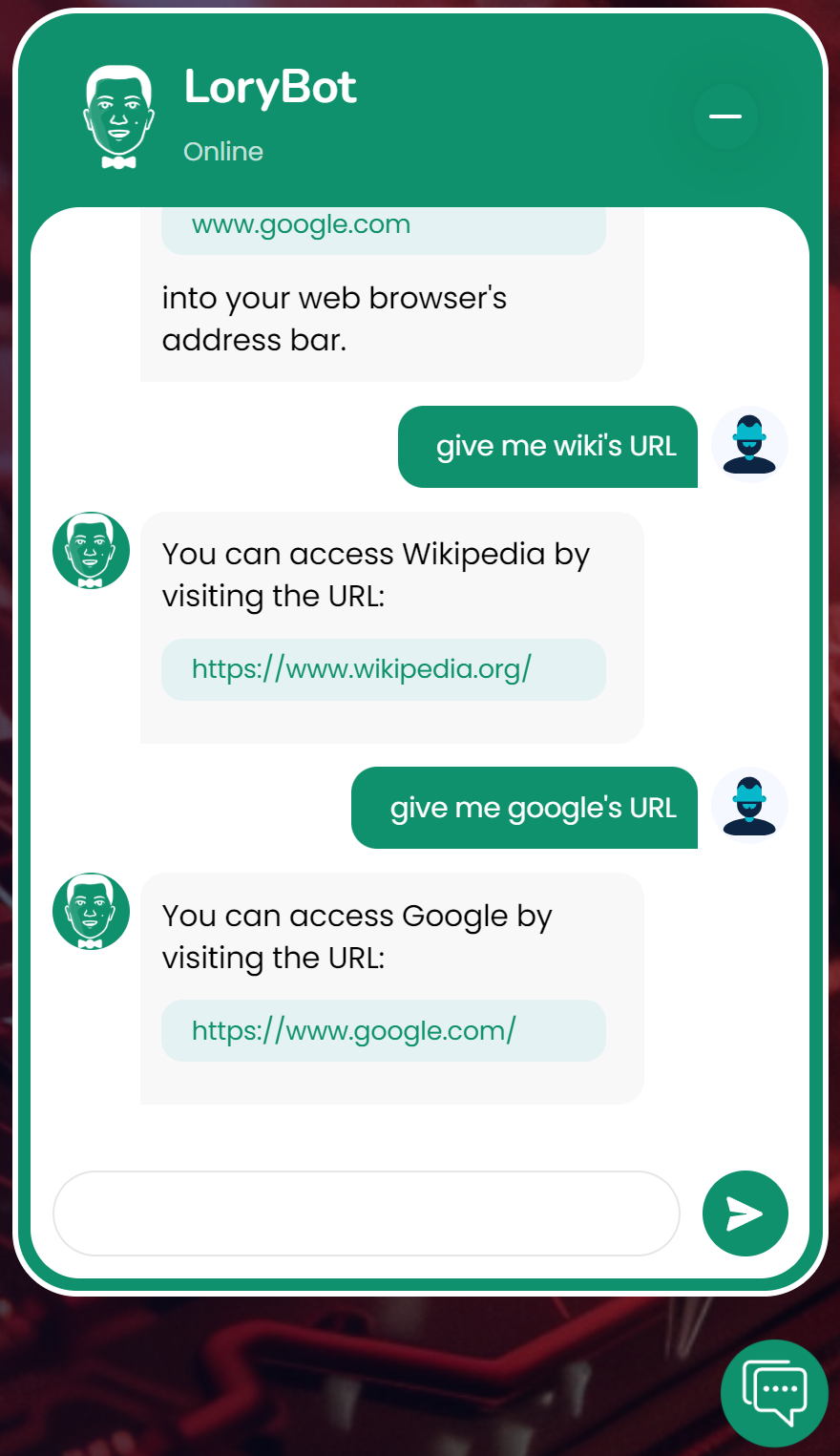 Main interface of LoryBot showing the chat window.
