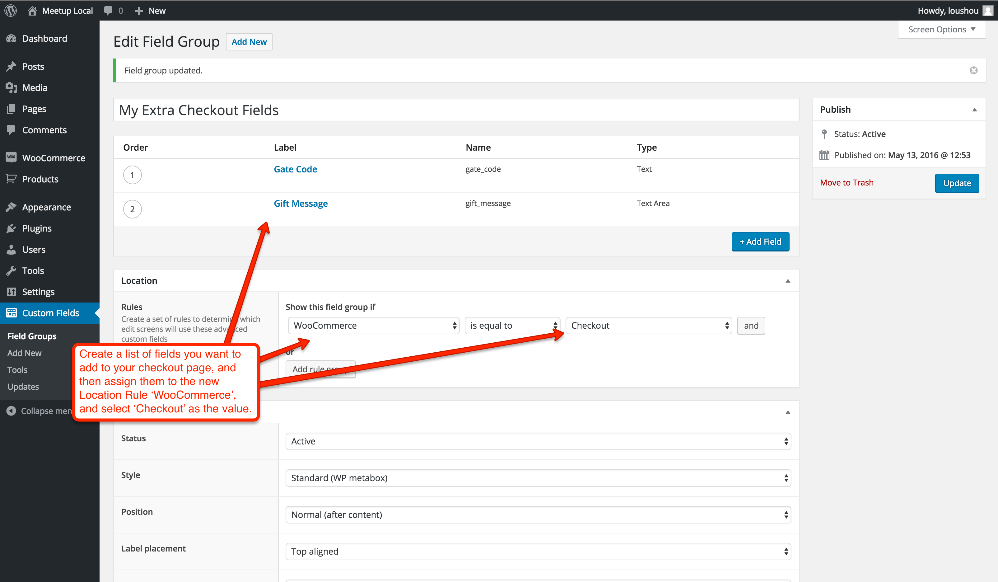 You can easily assign an ACF group the the WooCommerce Checkout.