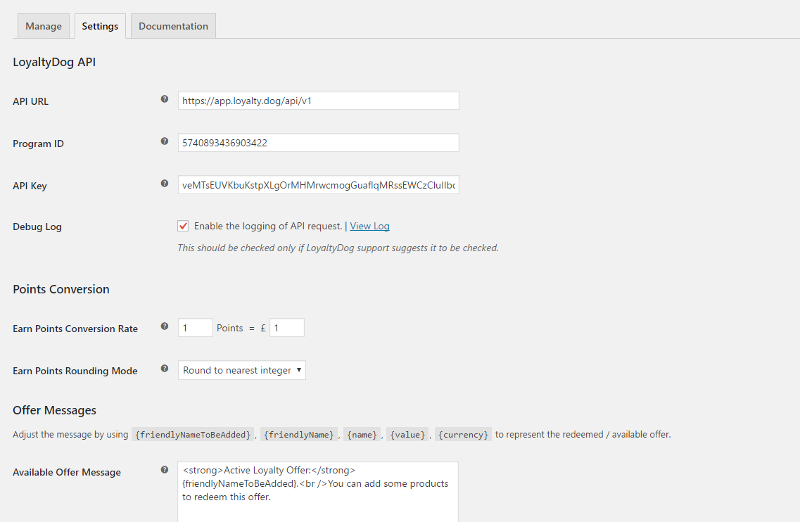 LoyaltyDog settings screen.