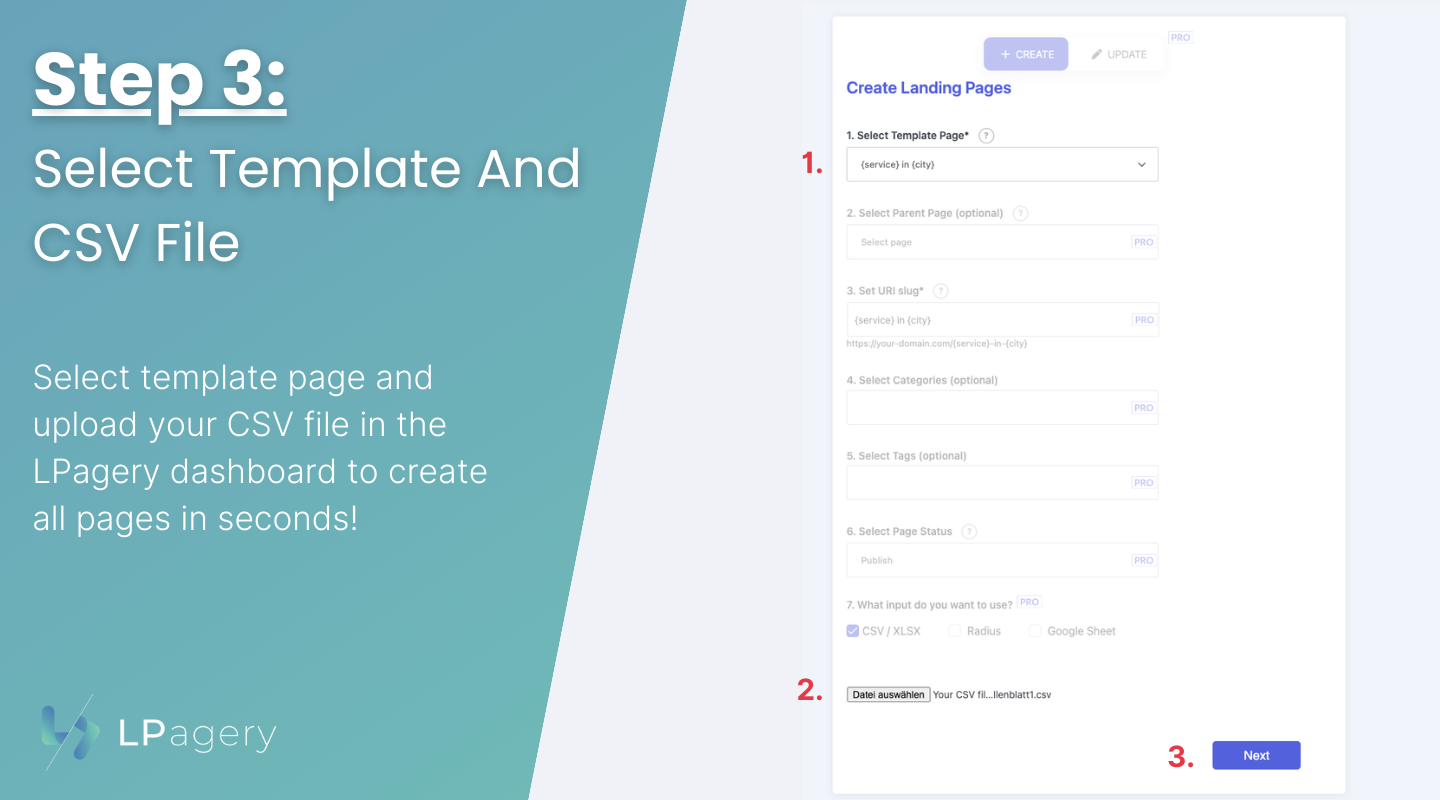 LPagery Step 3 Select Template and CSV File