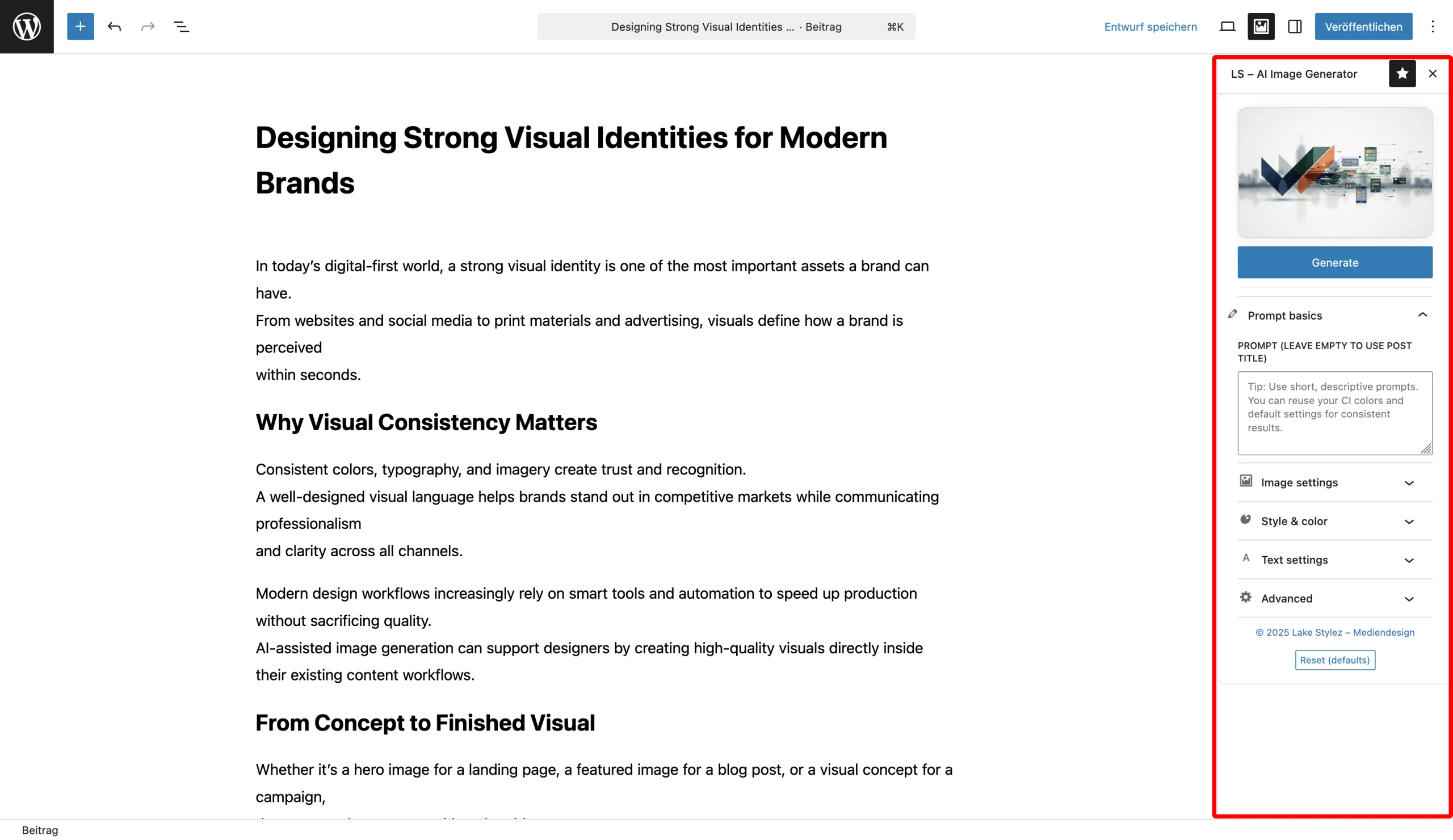 AI Image Generator sidebar in the Block Editor (Gutenberg)