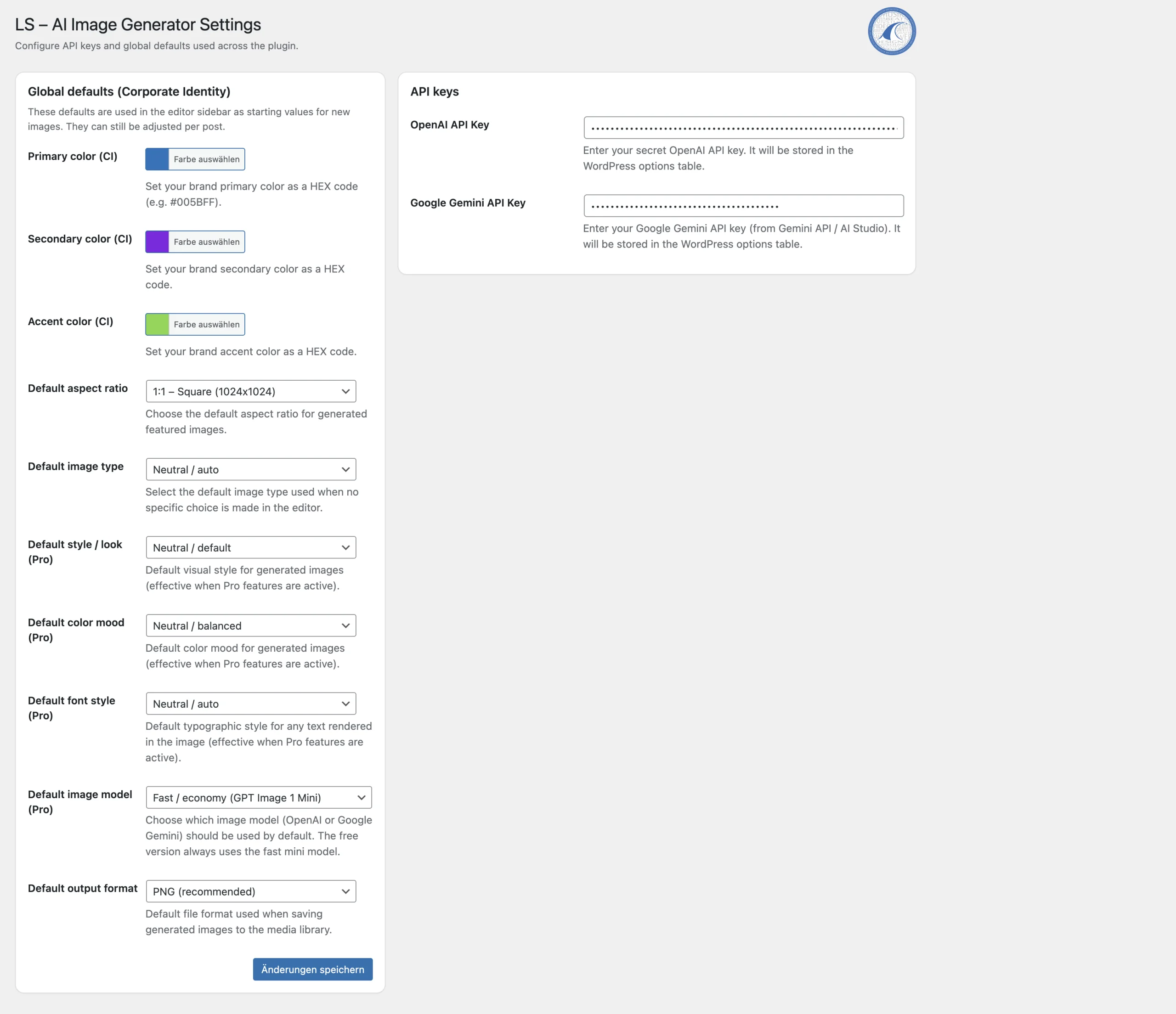 Plugin settings page for API keys and global defaults