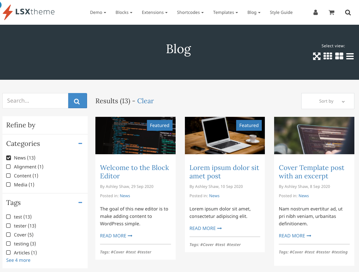 Blog landing page with search & filters