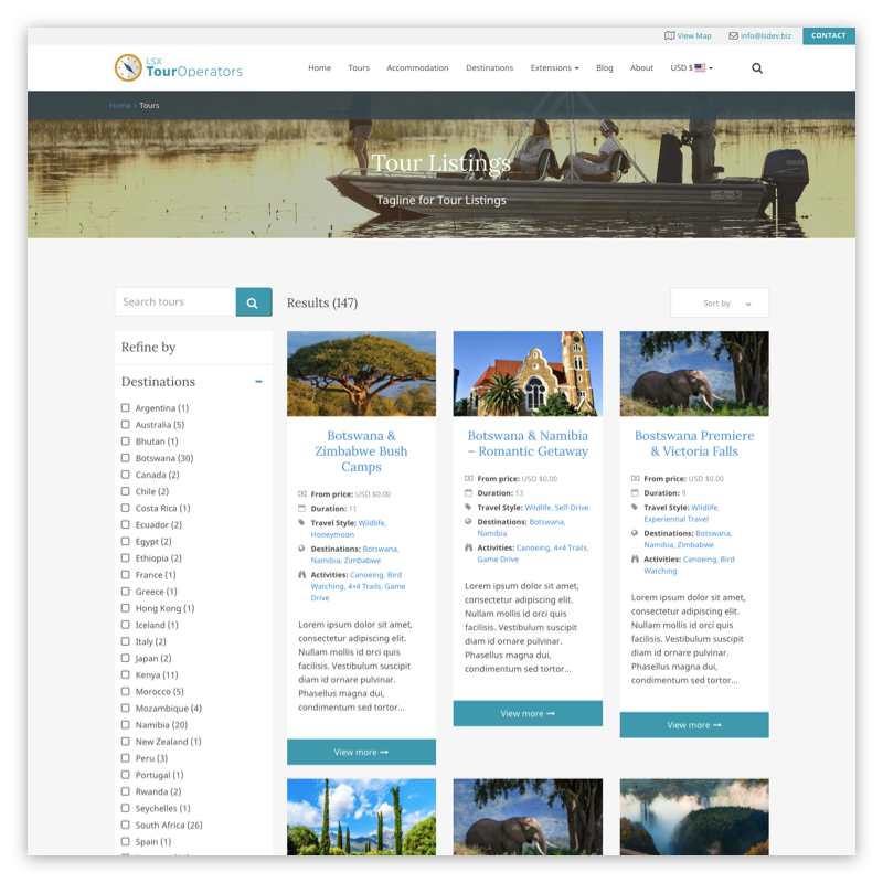 Tour Operator Intineraries archive with search & filters