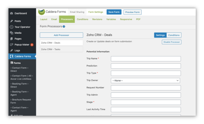 Zoho CRM Leads Caldera processor