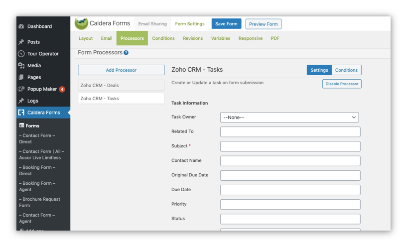 Zoho CRM Deals Caldera processor