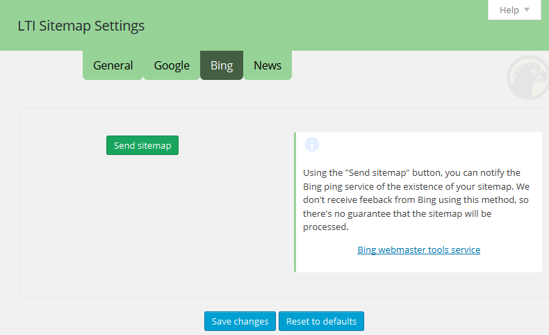 Admin options, Bing tab