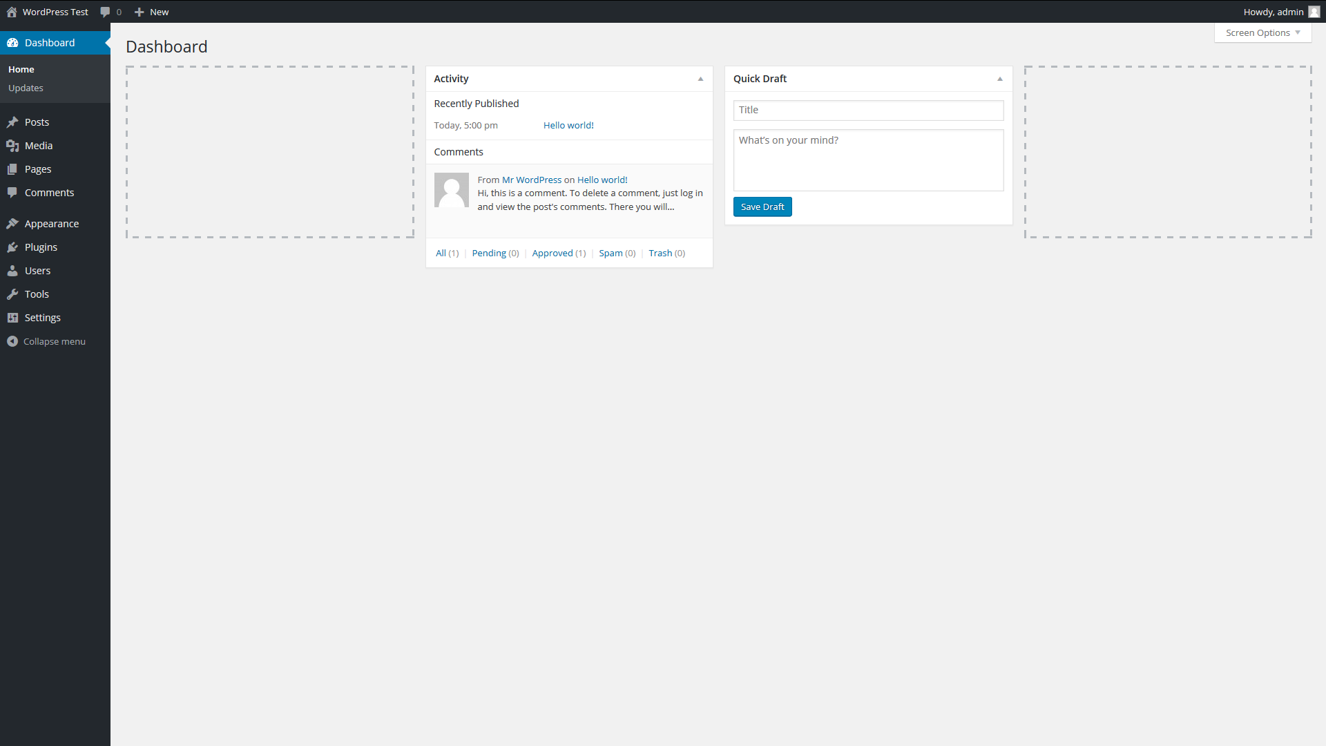 WordPress dashboard AFTER installing the plugin. Notice missing elements in the four corners.