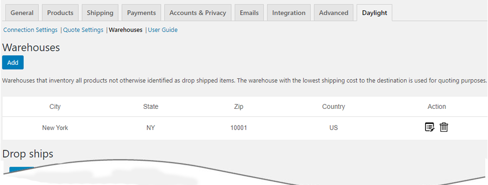 Warehouses and Drop Ships page