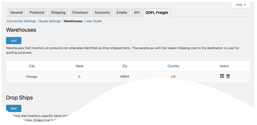 Warehouses and Drop Ships page