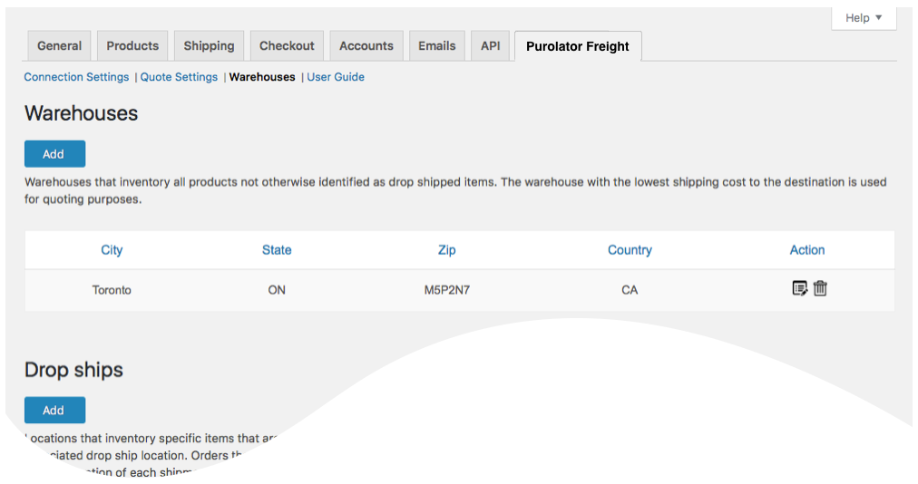 Warehouses and Drop Ships page