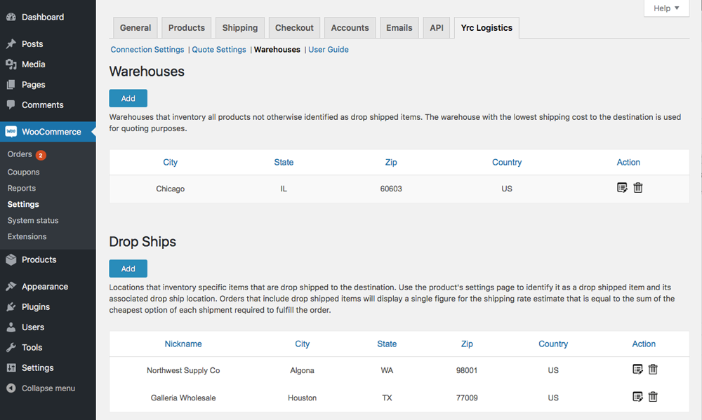 Warehouses and Drop Ships page