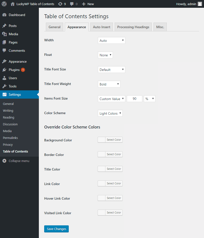 Processing Headings Settings