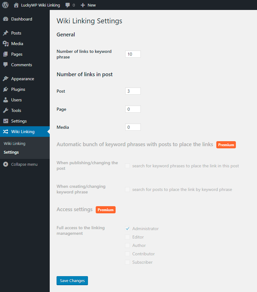 The LuckyWP Wiki Linking settings page.