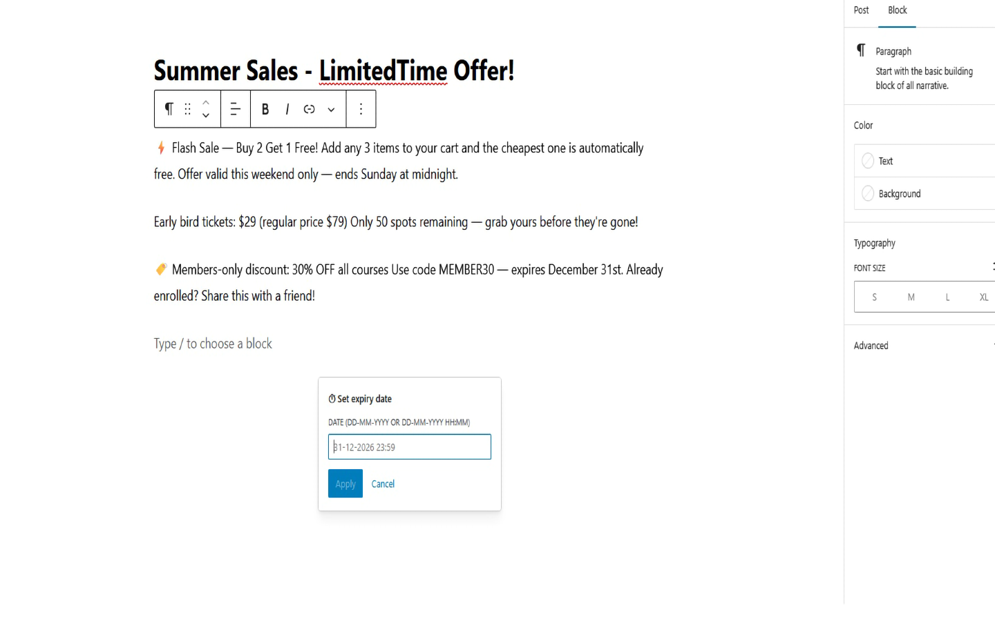 Example of content shown normally before the expiry date.