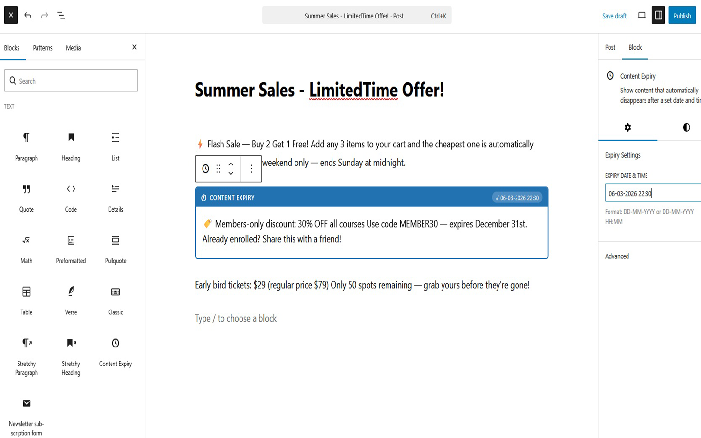 Example of the expiry message displayed after the selected date and time.
