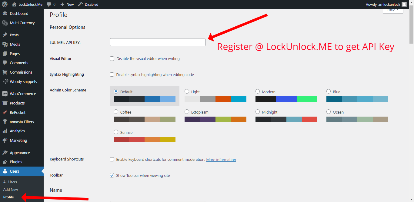 Step 1: Paste API KEY from lockunlock.me to your profile page.