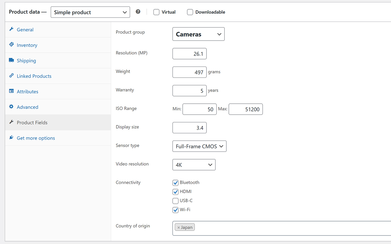 Product edit screen with product specifications panel.