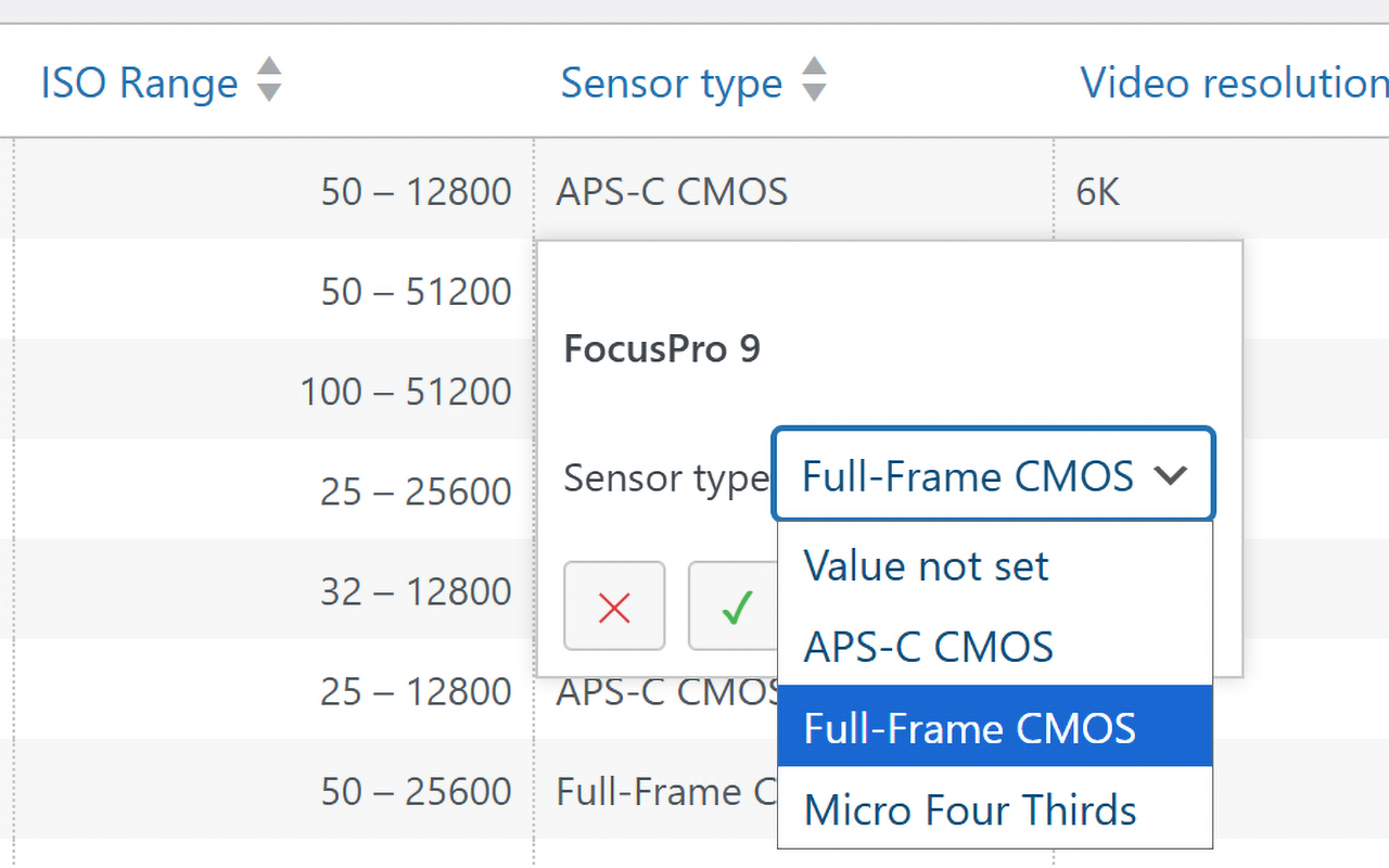 Inline editor for fast, spreadsheet-style product spec editing.