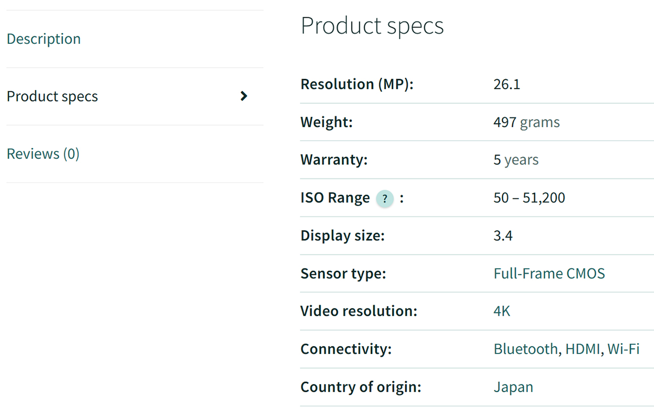 Frontend specifications section rendered automatically on the product page.