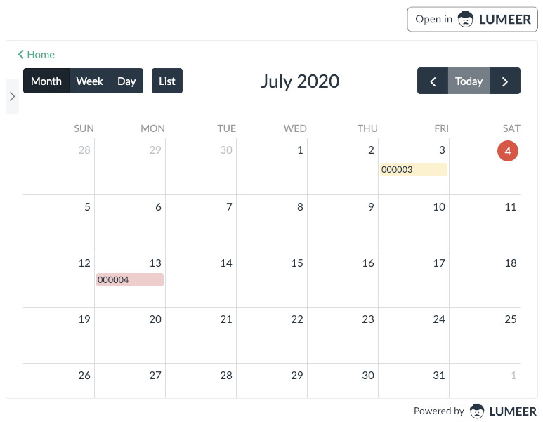 Lumeer embedded in a WordPress page showing the Calendar view