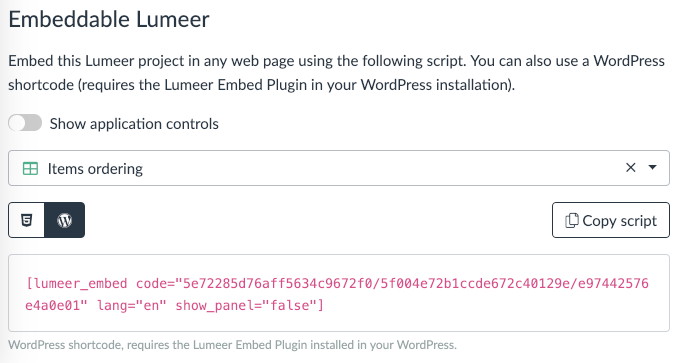 WordPress shortcode generated in the project settings in Lumeer