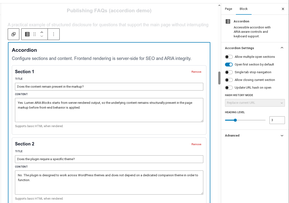 Accordion block in the editor with configurable items and settings for structured editorial content.