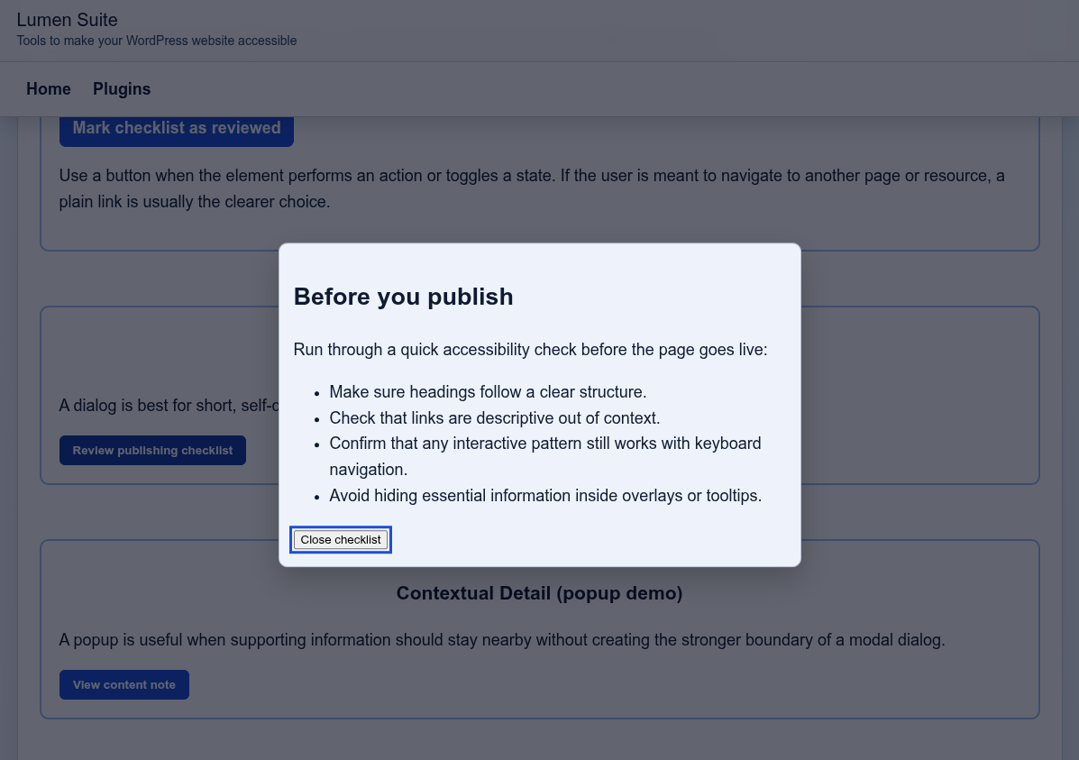 Dialog block in frontend output showing a focused modal interaction for task-bound content.