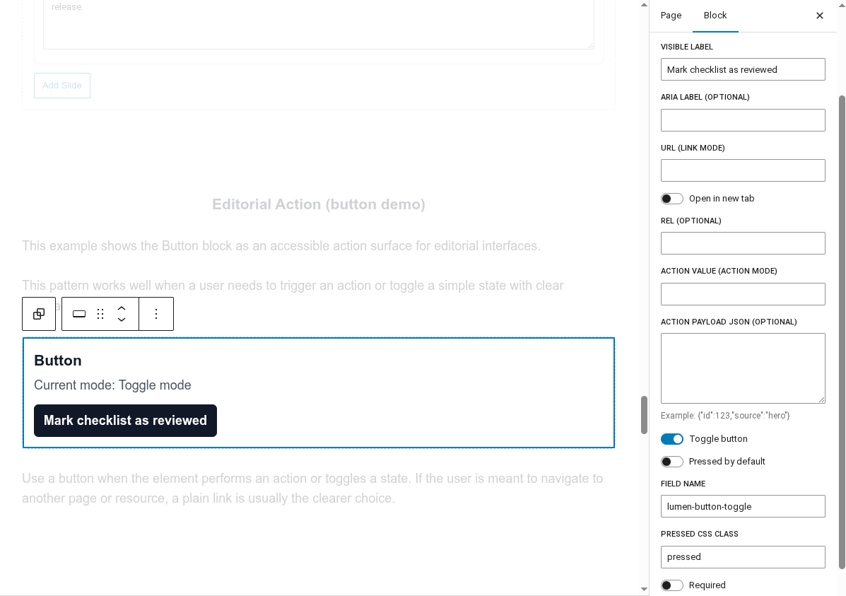 Button block in the editor with support for action, link, and toggle use cases.