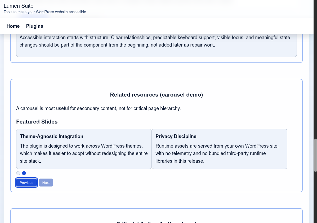 Carousel block in frontend output with keyboard-operable controls and visible slide navigation.