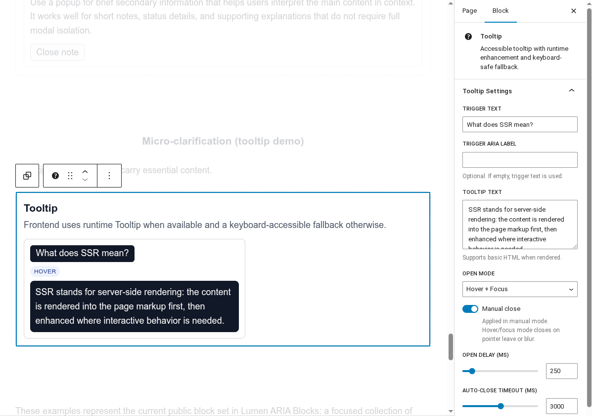 Tooltip block in the editor with settings for concise contextual help and controlled interaction behavior.