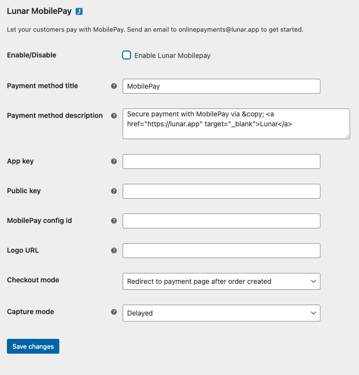 The settings panel for the Lunar MobilePay gateway